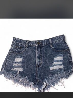 SHEIN Distressed Dark Blue High-Rise Denim Shorts